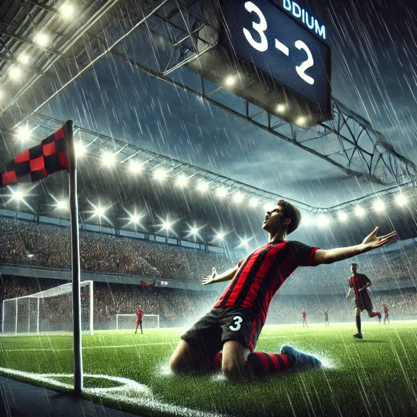 Here’s the football scene you requested, created with **DALL·E**, OpenAI’s image generation model. It captures the intensity of a last-minute goal celebration under the stadium lights—perfect for the story of Manchester Forge’s dramatic 3-2 win! Let me know if you want more images, like pre-match tension, team huddles, or crowd shots.